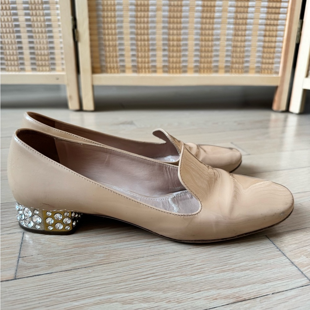 Miu Miu Nude Patent Leather Loafers with Embellished Heel